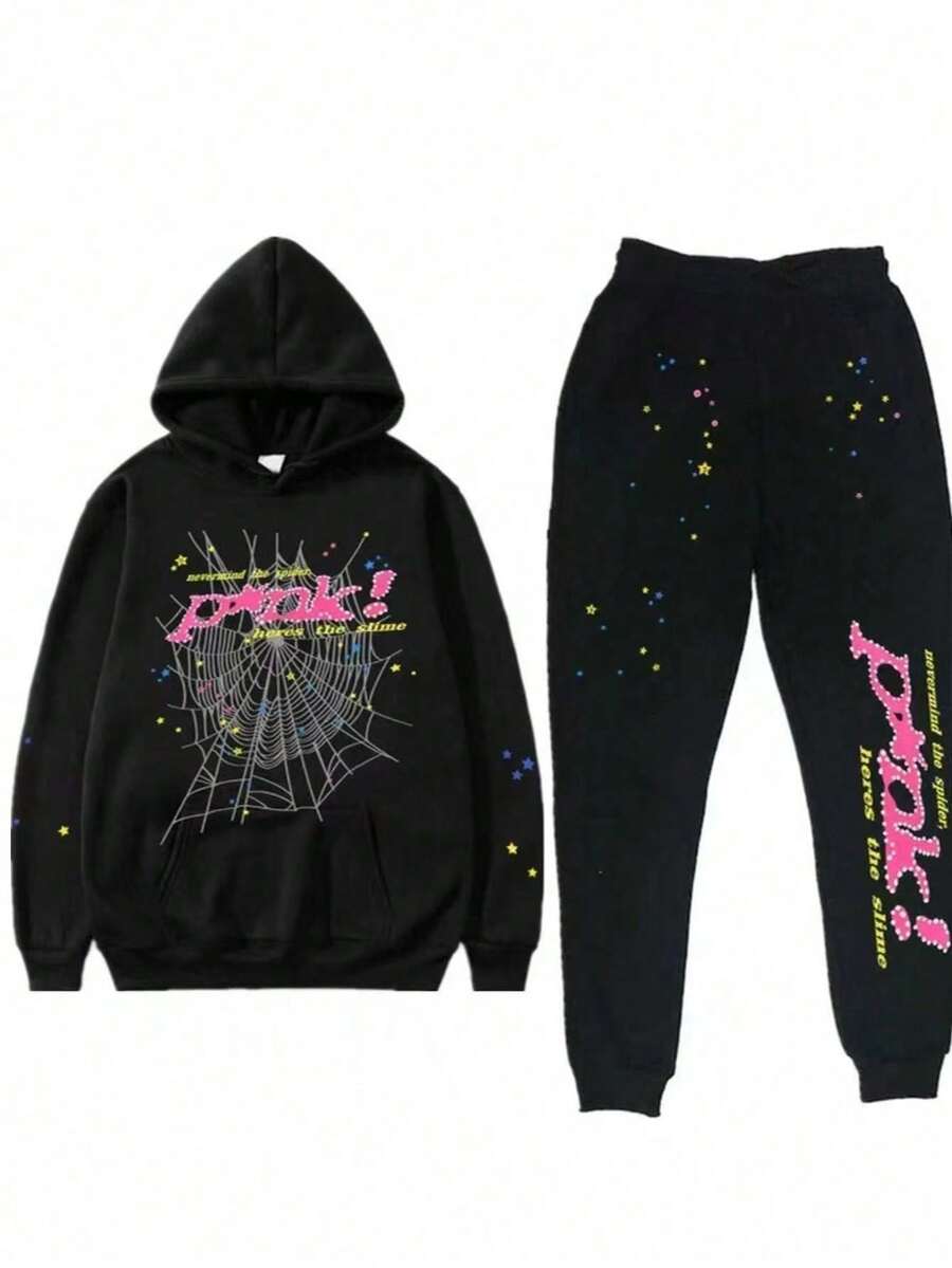 Hip Hop Spider Grid Letter Printed Graphic Hoodies Men's Clothing Winter Outfits Men Hooded Sweatshirt Y2k Clothing Pullover Women's Sweatshirt - 黑色套裝 - 查看 1