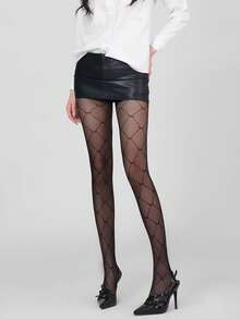 1 Pair Women's Diamond Pattern Criss-Cross Bow Sheer Pantyhose, Transparent Mesh Stockings For Commuting And Casual Wear - Black - View 5