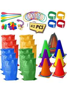 42件套户外草坪派对游戏套装,包含沙包投掷、土豆袋赛跑、鸡蛋勺子比赛等,适合儿童、成人、家庭、生日派对、聚会、运动会、复活节游戏等场合,品牌:Redllo - 彩色 - 查看 2
