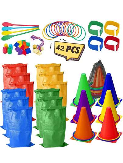 42pcs Outdoor Lawn Party Game Bean Bag Toss Set, Potato Sack Race, Egg & Spoon Competition, Suitable For Children, Adults, Family, Birthday Party, Reunion, Sports Day, Easter Games, Brand: Redllo
