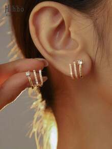 Hihho 2pcs Fashionable Personalized Glittering Cubic Zirconia Stud Earrings, Charming Everyday Wear, Dating Gift For Women Girls - Vàng - Xem 9