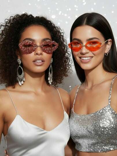 一副经典无框唇形镂空金属设计时尚眼镜，镶嵌水钻，高端时尚女款，适合晚宴、派对、T台走秀、街头风、约会、日常佩戴、旅行等场合。