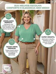 Women's Plus Size Elegant Short-Sleeve Modern Blouse In Duna Fabric, Sizes GG, G1, G2, G3, Summer/Work - 薄荷綠 - 查看 4
