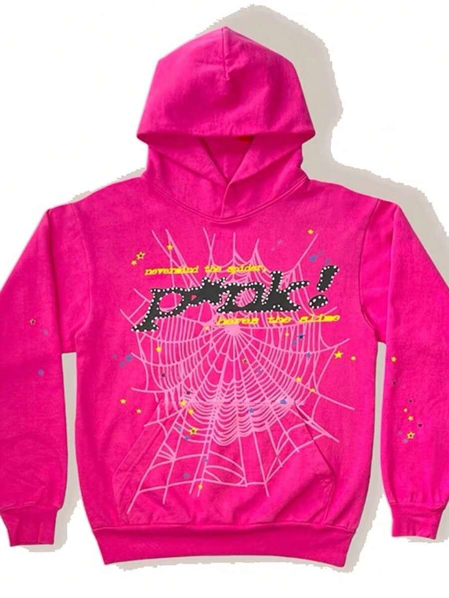 Hip Hop Spider Grid Letter Printed Graphic Hoodies Men's Clothing Winter Outfits Men Hooded Sweatshirt Y2k Clothing Pullover Women's Sweatshirt - 玫紅色衛衣 - 查看 1