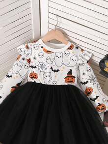 Young Girls Ghost Pumpkin Full Print Round Neck Ruffle Long Sleeve Bow Mesh Dress, Fashionable Elegant Cute For Girls Party Wear, Spring/Autumn - Black - View 6
