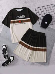 青少年男童春夏短袖短裤两件套，撞色拼接，PARIS字母印花及配套条纹短裤，复古街头风，适合日常休闲穿着 - 彩色 - 查看 6