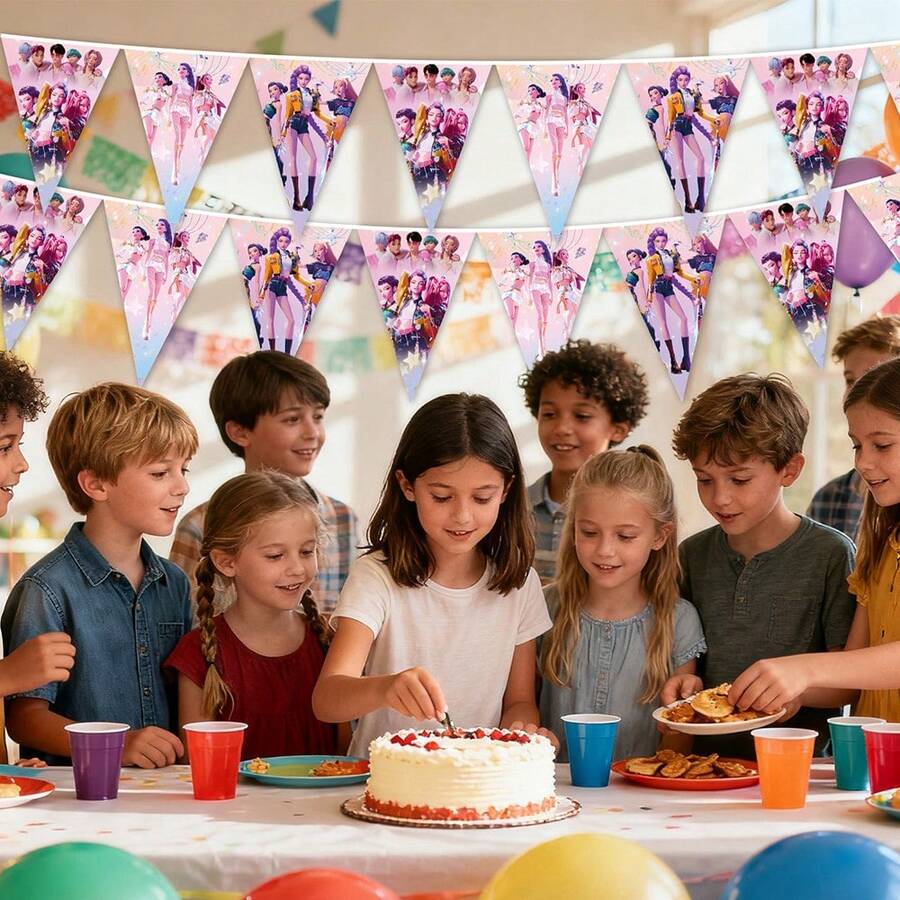 高品质韩流偶像主题挂旗，可定制风格，适用于舞台背景、派对装饰和粉丝见面会用品，轻便可重复使用的韩流主题装饰旗 - 彩色 - 查看 1