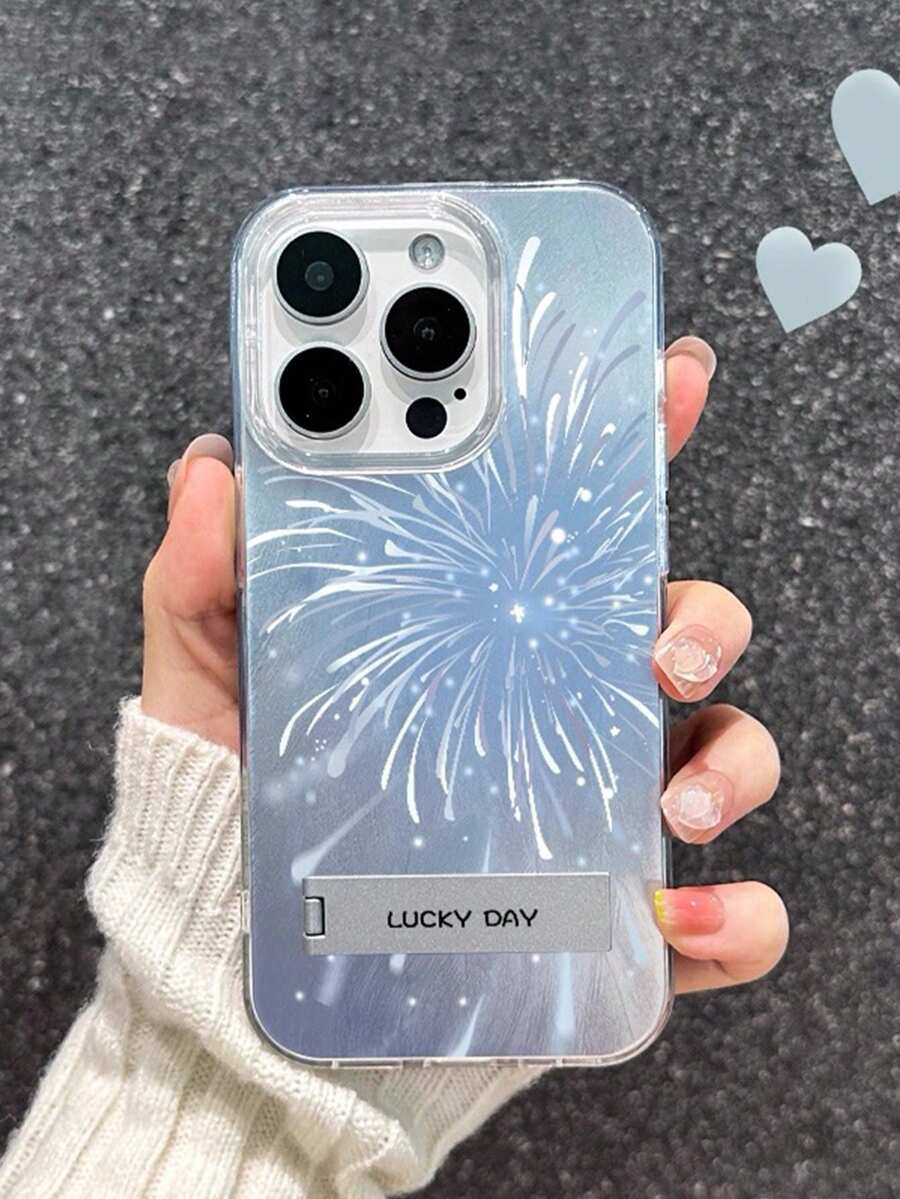 1 件装银色羽毛雪纺全包手机壳，饰有蓝色烟花图案和 3D 金属支架，兼容 11/12/13/14/15/16/17/Pro Max - 銀色 - 查看 1