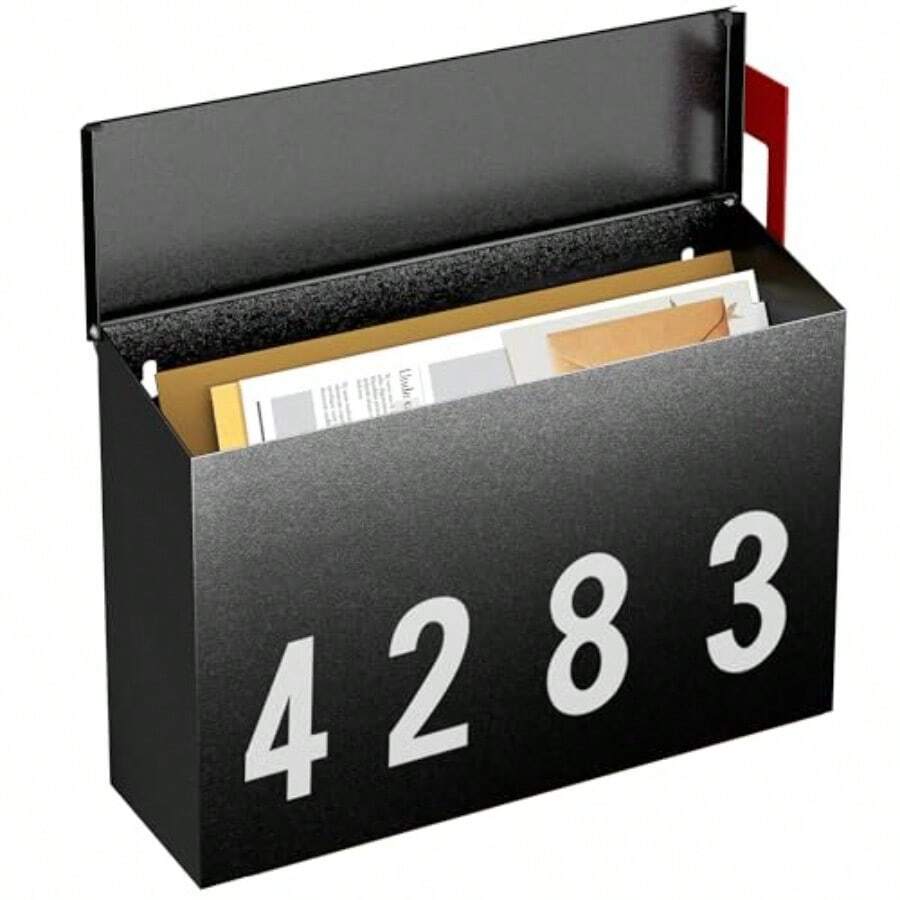 Modern Wall-Mount Mailbox Mailboxes For Outside With One Flag Kit And Three Sets Of 0-9 Mailbox Number Stickers Rust-Proof Metal Post Box 4.33" Dx14.2 Wx10.43 H Textured Black AMB03B01 - Black03b01 - View 1