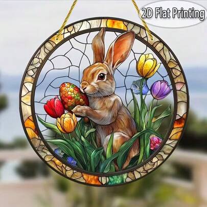 Cross-Border New Product 2D Plane Easter Bunny And Flower Acrylic Light Catcher Hanging Decoration Eggs Decoration H