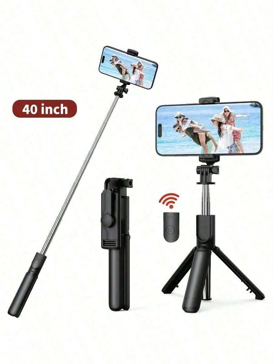 40-Inch Retractable Selfie Stick – Professional Floor Tripod For Live Streaming, With Wireless Remote, 360° Rotation, Stable Anti-Shake Design. Ideal For Travel Vlogs & Outdoor Live Streaming. Compatible With Smartphones Black For Summer Vacation, Travel, Outdoor Activities, Live Streaming Tripod Stand - Black - View 1