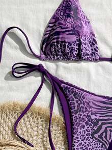 2025 性感复古豹纹比基尼两件套，女士度假沙滩夏季必备 - 紫色 - 查看 4