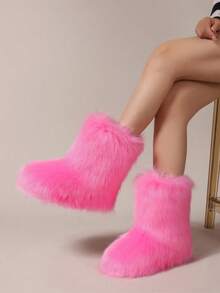 Women's Faux Fur Boots Furry Mid Calf Fur Boots Comfortable Outdoor Flat Shoes Winter Warm Plush Surface Snow Boots - 粉色 - 查看 4
