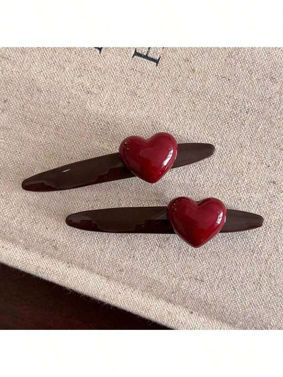 2 chiếc kẹp tóc hình trái tim màu đỏ cổ điển, kẹp tóc kiểu Pháp thanh lịch dùng cho tóc mái và tóc hai bên, phụ kiện tóc thời trang retro sang trọng, kẹp càng cua, kẹp tóc trượt - Nhiều màu - Xem 1