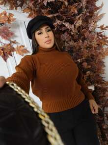 Cropped Knit High Neck Cacharrel Puff Sleeve - Terra Cota - View 5