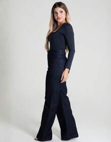 Calça Jeans Feminina Wide Leg Cintura Alta Sawary Original Escura Lycra Elastano Bolsos Confortável - Azul Marinho - Visão 1