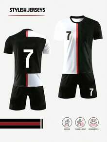 Bộ áo đấu bóng đá Juventus đen trắng số 7 sân nhà năm 2022 dành cho bé trai - Chất liệu polyester, áo cổ tròn tay ngắn và quần short, phù hợp cho bé trai và bé gái chơi thể thao, tập luyện và mặc thường ngày, hoàn hảo cho hoạt động ngoài trời. - Đen và trắng - Xem 3