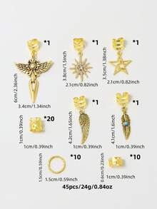 45件套女士编织发饰套装，月亮星星造型发夹，Y2K朋克风金属吊坠装饰，适合派对、音乐节，送给女孩的礼物 - 金色 - 查看 5