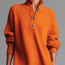 Women's Sweater Dress - Elegant Classic Women's Wear, Exquisite Knitwear With Buttons, High Neck, Pockets, Long Sleeves. Autumn/Winter Fashion, Winter, Casual Elegant Chic Midi Dress - 橘色 - 查看 5