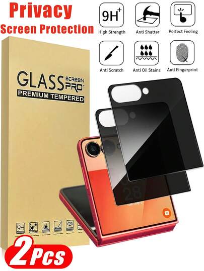 两片装【隐私保护钢化玻璃】屏幕保护膜，兼容三星Galaxy Z Flip 7前置摄像头隐私保护膜。超高清、防刮、无气泡、易于安装、9H硬度保护玻璃。适用于Galaxy Z Flip 7钢化玻璃屏幕保护膜。完美的情人节礼物。屏幕保护必备品，适用于日常、办公、家庭使用。手机屏幕保护膜，手机配件，防窥、防水、防震、防摔、防刮。