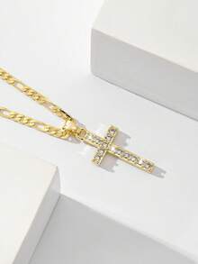 1pc European & American Classic Copper Inlaid Zirconia Cross Pendant Necklace, Limited Edition "Light Of Protection", Suitable As Gift For Christmas, Thanksgiving, Halloween, Mother's Day, Valentine's Day, Friends, Communion, Daily Wear & Prayer - Yellow Gold - View 2
