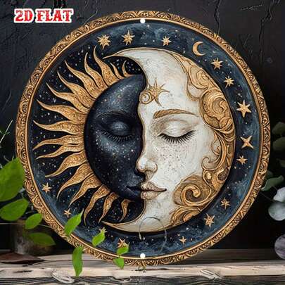 1 件 2D 平面经典金属海报，金色日月蓝星圆圈墙饰，海岸艺术场景，美丽花园，激发创意，2D 平面设计，适合房间装饰，孔位随机