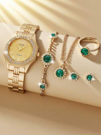 6pcs/Set Luxury Sparkling Quartz Watch & Bracelet Set, Elegant Design For Business & Casual, Great For , Year-End , Singles' Day, Birthday Gift