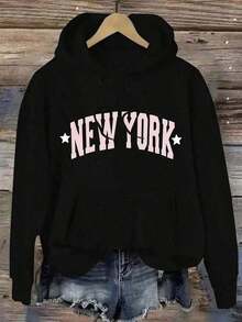 Trenfashion Women's Oversized Hoodie With 'New York' Star Graphic Print, Preppy College Style Casual Pullover Letter Print & Pockets - Batwing Short Sleeve Pullover, Adjustable Drawstring Hood, Lightweight Warmth For Spring Summer Fall Winter, Casual Attire & Travel Outfits, Regular Fit Urban Style Sweatshirt, New York Hoodie, Plu Size Women' D Hoodie, D Women' Halloween Hoodie, Women Hoodie For Women, Winter Hoodie For Women, Women Sweatshirt And Hoodie, Fall Sweatshirt For Women, Fall Hoodie For Women, Pink Hoodie For Women, -Sized D Unisex Plus Size Sweatshirts - 黑色 - 查看 1
