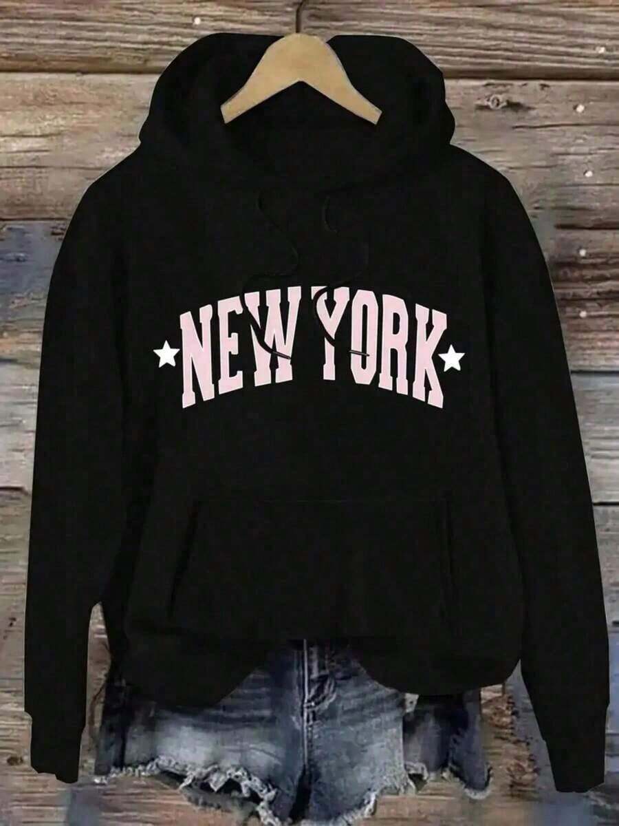 Trenfashion Women's Oversized Hoodie With 'New York' Star Graphic Print, Preppy College Style Casual Pullover Letter Print & Pockets - Batwing Short Sleeve Pullover, Adjustable Drawstring Hood, Lightweight Warmth For Spring Summer Fall Winter, Casual Attire & Travel Outfits, Regular Fit Urban Style Sweatshirt, New York Hoodie, Plu Size Women' D Hoodie, D Women' Halloween Hoodie, Women Hoodie For Women, Winter Hoodie For Women, Women Sweatshirt And Hoodie, Fall Sweatshirt For Women, Fall Hoodie For Women, Pink Hoodie For Women, -Sized D Unisex Plus Size Sweatshirts - 黑色 - 查看 1
