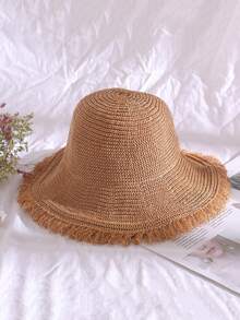 1 Pc Women's Spring/Summer Straw Hat, Large Brim Beach Hat Vacation And Outdoor - Multicolor - View 8