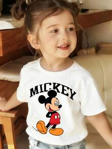 Disney White Background Mickey Mouse Walking Pose Arch Letter Print Kids' Short Sleeve T-Shirt - Classic And Playful Casual Top - White - View 1