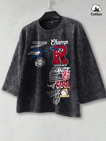 Hemo 男士夏季街头时尚徽章图案方领短袖T恤，微弹水洗黑色休闲日常穿着方领短袖T恤