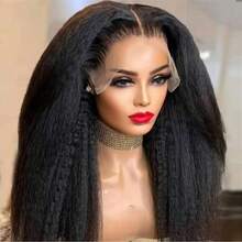 13x4 Lace Yaki Straight Lace Front Human Blended Wig, Double Textured Curly Straight Hair, No Glue Pre Pulled, Natural Black, Deep Split, Elegant Style, Unisex, Can Be Worn Directly Human Blended Hair Wig With Baby Hair Natural Color - Natural & Black - View 8