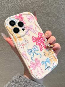 甜美蝴蝶结花卉图案透明3D波浪边全包防摔设计，兼容 17/17 Pro Max/Air/16/16 Pro Max/16 Pro/16 Plus/XR/15/14 Pro Max/12/13 Pro/11，防震耐磨压纹外壳，情人节、圣诞节、送给女朋友的礼物，可个性化定制 - 米色 - 查看 3