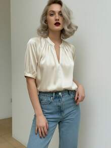 Women's Elegant Polyester Deep V-Neck Short Sleeve Blouse, Satin Fabric, Casual & Versatile - Champagne - View 3