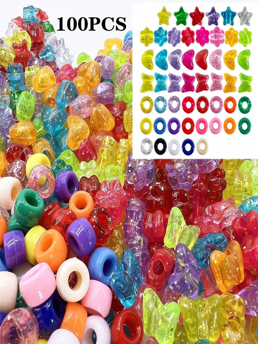 100 hạt cườm kẹo sáng bóng 6x9mm, 5 kiểu: Trái tim, Ngôi sao, Bướm, Hoa, Thích hợp để tự làm vòng tay tình bạn, đồ thủ công tết bện, làm trang sức (Nhiều màu lấp lánh) - Nhiều màu - Xem 1