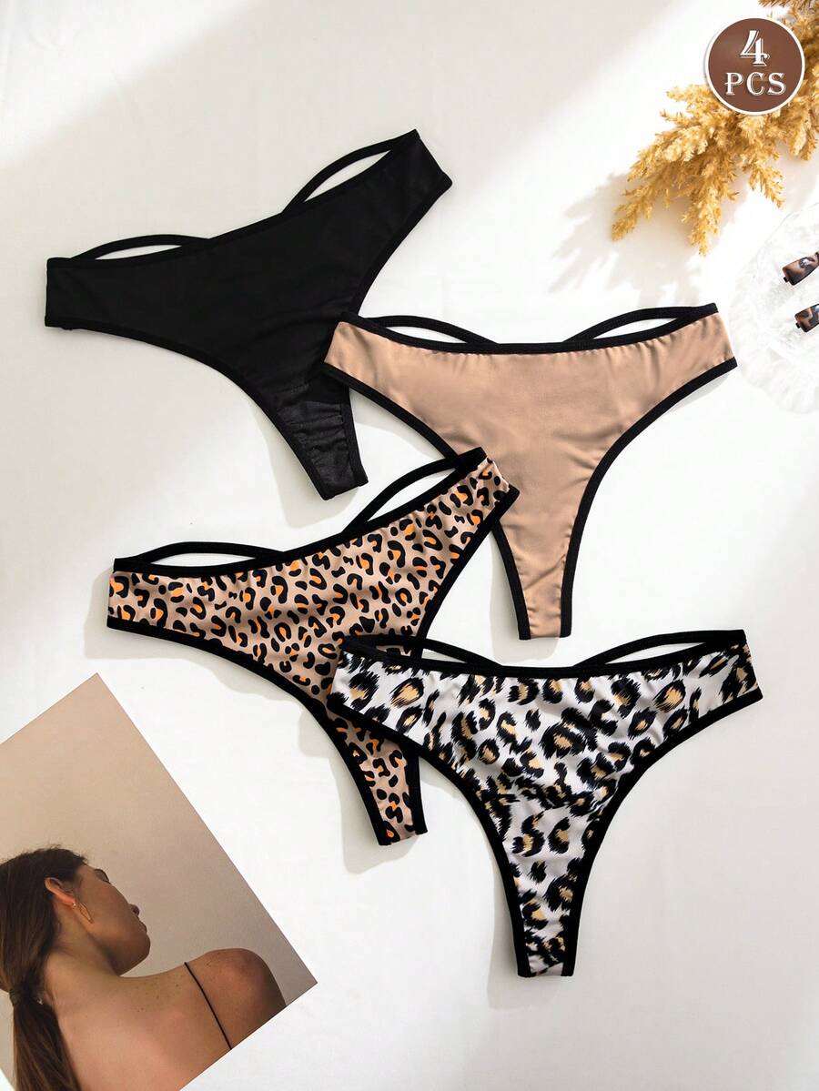4pcs/Pack Women's Leopard Print Cross-Back Thong Panties - Multicolor - View 1