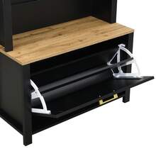 Multifunctional Cabinet With Shoe Rack, Lockers And Hooks For Entryway, Durable MDF Casing, Modern Design, Sturdy Iron Legs, Black, White.