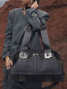 Y2K Retro Women's Street Handbag, Personalized Mesh Patchwork Leather Shoulder Bag, Large Capacity Front Pocket Rivet Crossbody Bag, Suitable For Daily Use And Gatherings - Black - View 2