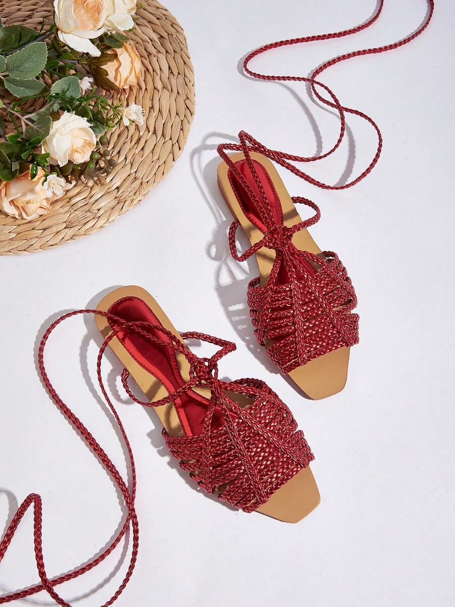 Sandal đế bằng màu đỏ thủ công dệt, quai buộc xoắn dành cho nữ, họa tiết dệt ngẫu nhiên, thiết kế xoắn ngẫu nhiên - Đỏ - Xem 1