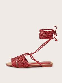 Sandal đế bằng màu đỏ thủ công dệt, quai buộc xoắn dành cho nữ, họa tiết dệt ngẫu nhiên, thiết kế xoắn ngẫu nhiên - Đỏ - Xem 4