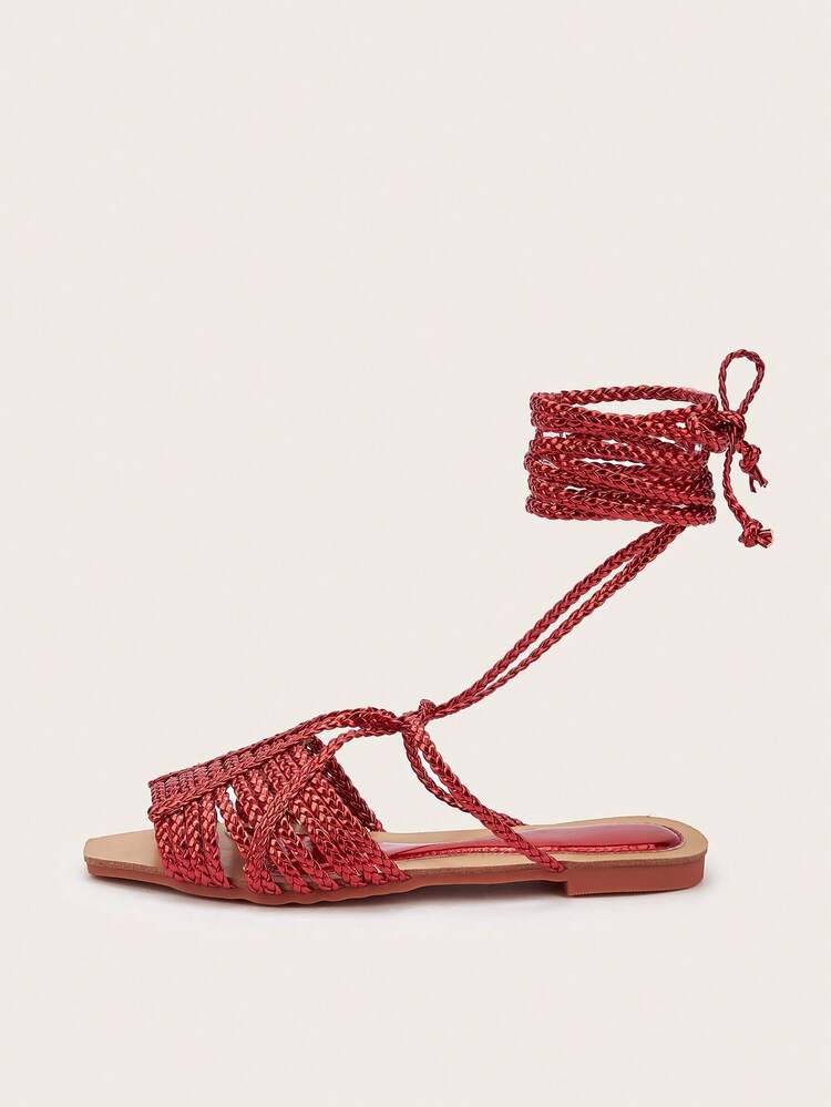 Sandal đế bằng màu đỏ thủ công dệt, quai buộc xoắn dành cho nữ, họa tiết dệt ngẫu nhiên, thiết kế xoắn ngẫu nhiên - Đỏ - Xem 4