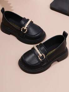 1双玛丽珍鞋，英伦风方跟珍珠乐福鞋，2026新款时尚舒适平底鞋，儿童款 - 黑色 - 查看 3