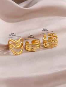 Wide Gold Ring Set - Flowing Wave + Multi-Layer Plain Rings + Interwoven Line Rings, Versatile Street Style Stacking Jewelry For Women - Gold - View 2