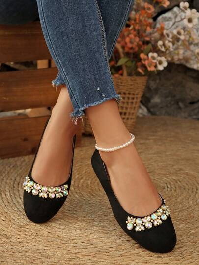 2026 Spring Elegant Rhinestone Flat Shoes For Women, Black Suede Casual Slip-On Loafers, Versatile Soft Bottom Comfortable Shoes, Suitable For Daily Commute, Casual Outing, Dating, All Seasons