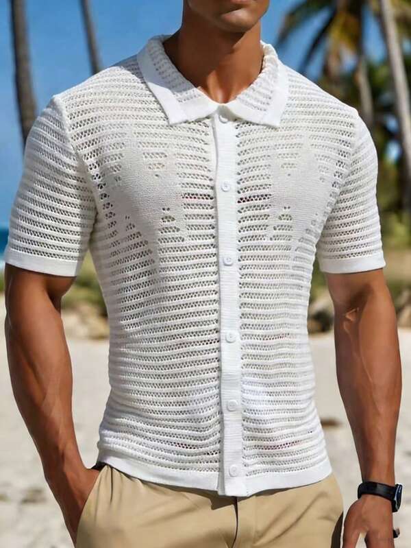 男士夏季镂空 Polo 领纯色短袖毛衣，休闲百搭