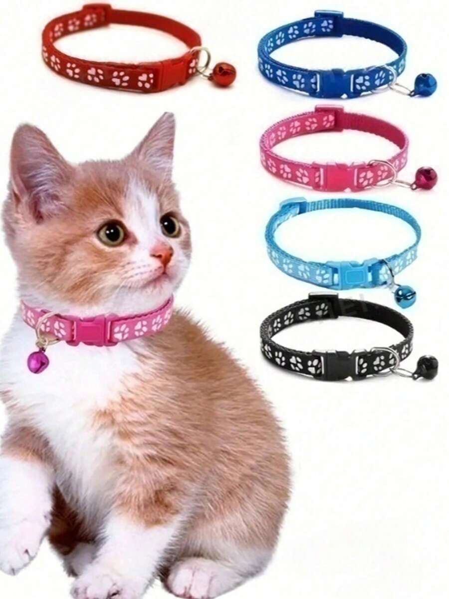 1pc Adjustable Pet Collar With Bell, Dog Collar, Single Paw Print Collar, Cat Buckle Collar, Pet Necklace, Pet Supplies Reflective Sticker Collar Set - Multicolor - View 1