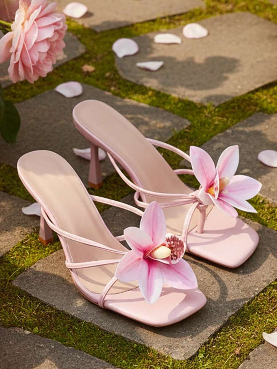 女士尖头花卉装饰细高跟凉鞋，优雅别致，适合通勤、约会、派对、婚礼和日常穿着，百搭连衣裙 - 粉色 - 查看 1