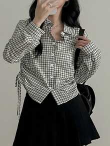 女士格子褶裥收腰长袖衬衫，秋季款，翻领设计 - 黑與白 - 查看 1