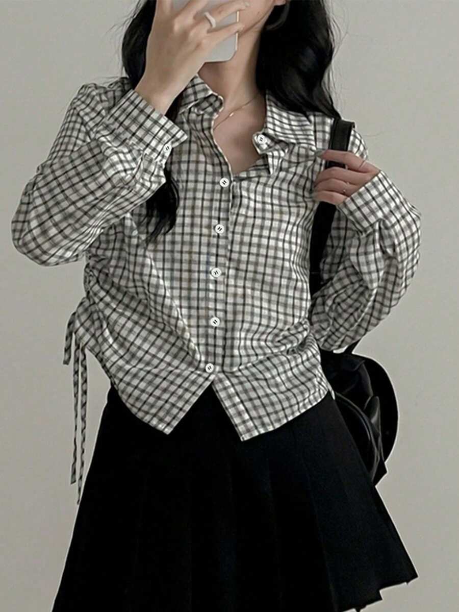 女士格子褶裥收腰长袖衬衫，秋季款，翻领设计 - 黑與白 - 查看 1